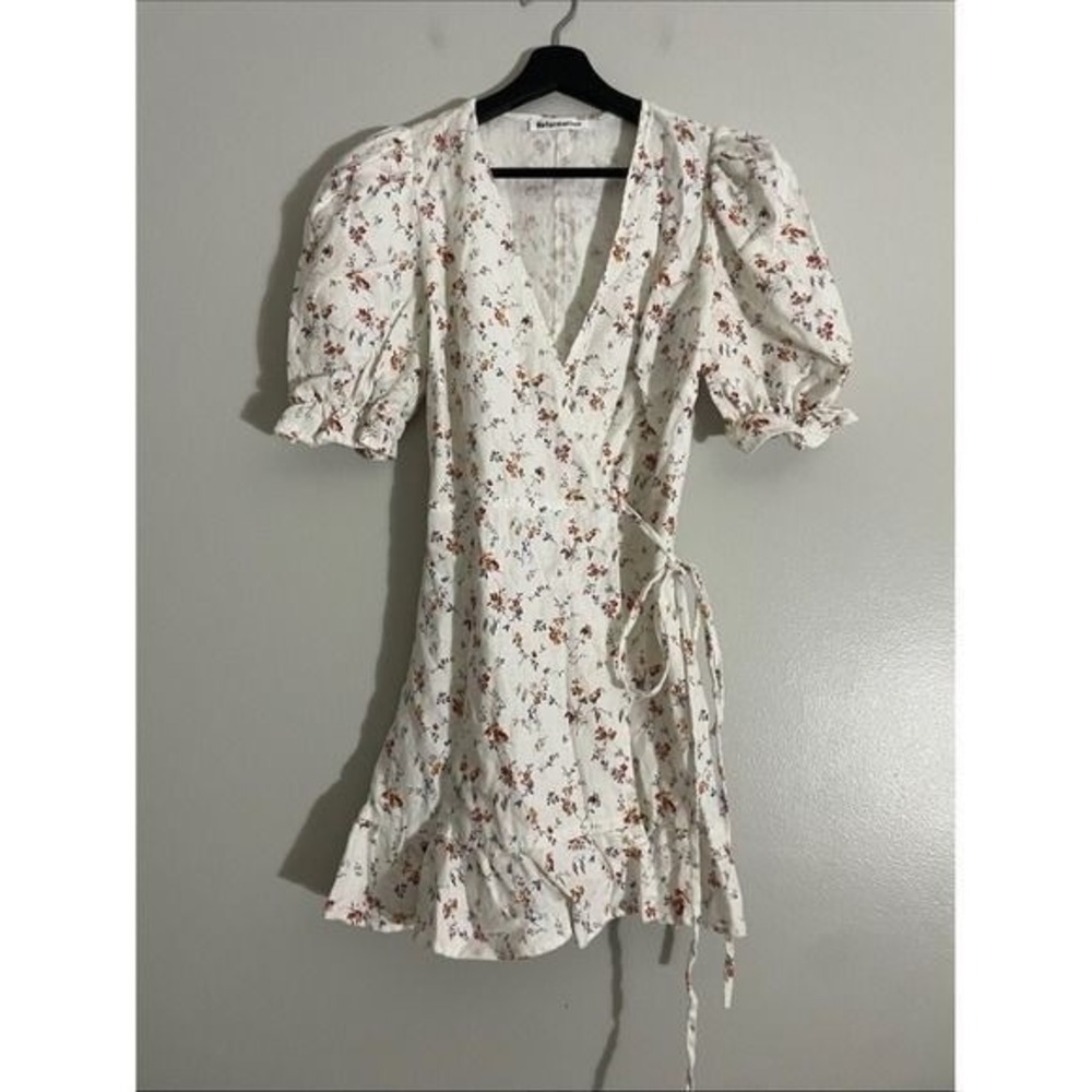 Reformation Wrap Dress Linen Floral Puff Sleeve XS Cottagecore